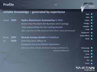 Profile                                                (4)



reliable Knowledge – generated by experience
                                                                                         Teaser
                                                                                          Vision
since 2002   Hydro Aluminium Automotive in Köln                                         Mission
             Senior Vice President der Business Unit Castings                         Paradigm

             Sole responsibility for the Casting Division                            Motivation
                                                                                          Profile
             (after acquisition of VAW aluminium AG by Norsk Hydro ASA Norway)
                                                                                  Development
                                                                                 ServicesOffered
from 2007    Nemak Europe GmbH in Frankfurt                                              Results
to   2009    Chief Executive Officer of
             European and Asian/Pacific Operations
             (after acquisition of Hydro Aluminium Castings by Nemak S.A.         Previous page
                                                      Monterrey/Mexico)               Nextpage
                                                                                         Home
                                                                                       Question
                                                                                           Print
                                                                                        Contact
 