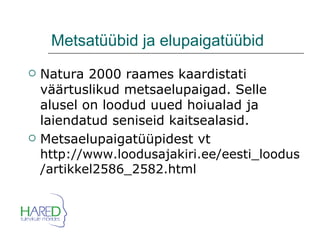 Metsatüübid ja elupaigatüübid Natura 2000 raames kaardistati väärtuslikud metsaelupaigad. Selle alusel on loodud uued hoiualad ja laiendatud seniseid kaitsealasid. Metsaelupaigatüüpidest vt  http://www.loodusajakiri.ee/eesti_loodus/artikkel2586_2582.html 