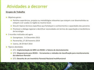 Atividades a decorrer
Grupos de Trabalho
 Objetivos gerais:
 Partilhar experiências, projetos ou metodologias relevantes que estejam a ser desenvolvidas ou
estejam a ser usadas na região ou noutros locais
 Discutir tópicos técnicos específicos que fortaleçam o conhecimento e capacidades dos parceiros
 Promover o diálogo regional e identificar necessidades em termos de capacitação e transferência
de tecnologia
 3 reuniões realizadas até agora
 Georgetown, 5-6 Decembro 2013
 Paramaribo, 27-28 Fevereiro 2014
 Caiena, 28-29 Abril 2014
 Tópicos abordados
 GT1: Implementação de MRV em REDD+ e fatores de desmatamento
 GT2: Mapeamento para REDD+ - Ferramentas e métodos de classificação para monitoramento
da cobertura florestal
 GT3: Desenho de um Inventário Florestal Nacional multifuncional
 