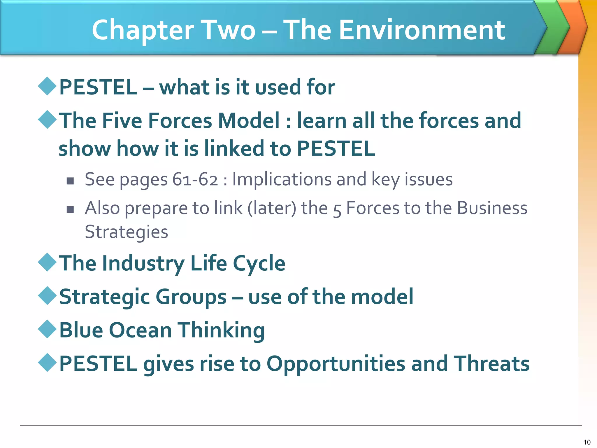 Chapter Two – The Environment
PESTEL – what is it used for
The Five Forces Model : learn all the forces and
show how it is linked to PESTEL
 See pages 61-62 : Implications and key issues
 Also prepare to link (later) the 5 Forces to the Business
Strategies
The Industry Life Cycle
Strategic Groups – use of the model
Blue Ocean Thinking
PESTEL gives rise to Opportunities and Threats
10
 