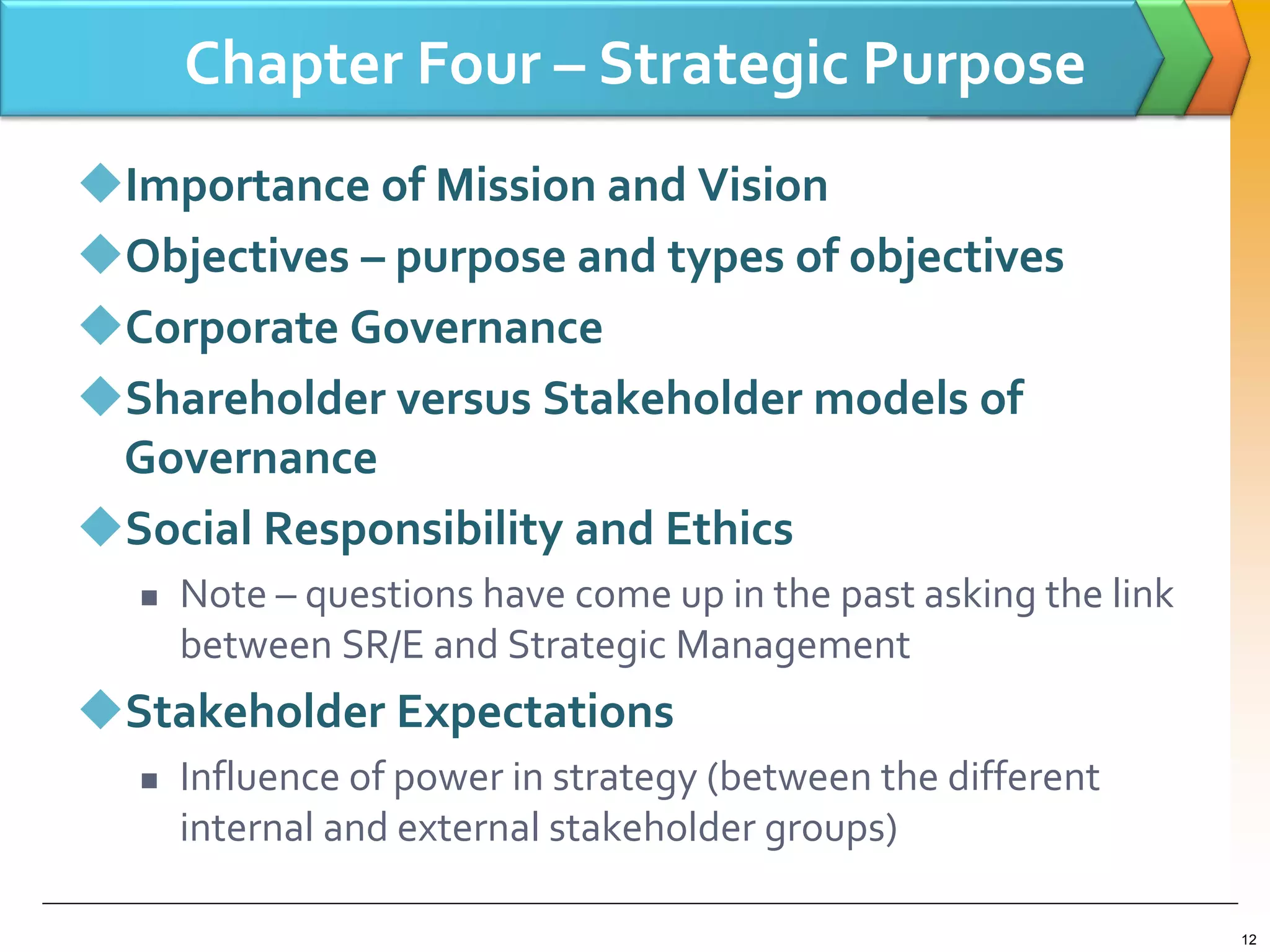 Chapter Four – Strategic Purpose
Importance of Mission and Vision
Objectives – purpose and types of objectives
Corporate Governance
Shareholder versus Stakeholder models of
Governance
Social Responsibility and Ethics
 Note – questions have come up in the past asking the link
between SR/E and Strategic Management
Stakeholder Expectations
 Influence of power in strategy (between the different
internal and external stakeholder groups)
12
 