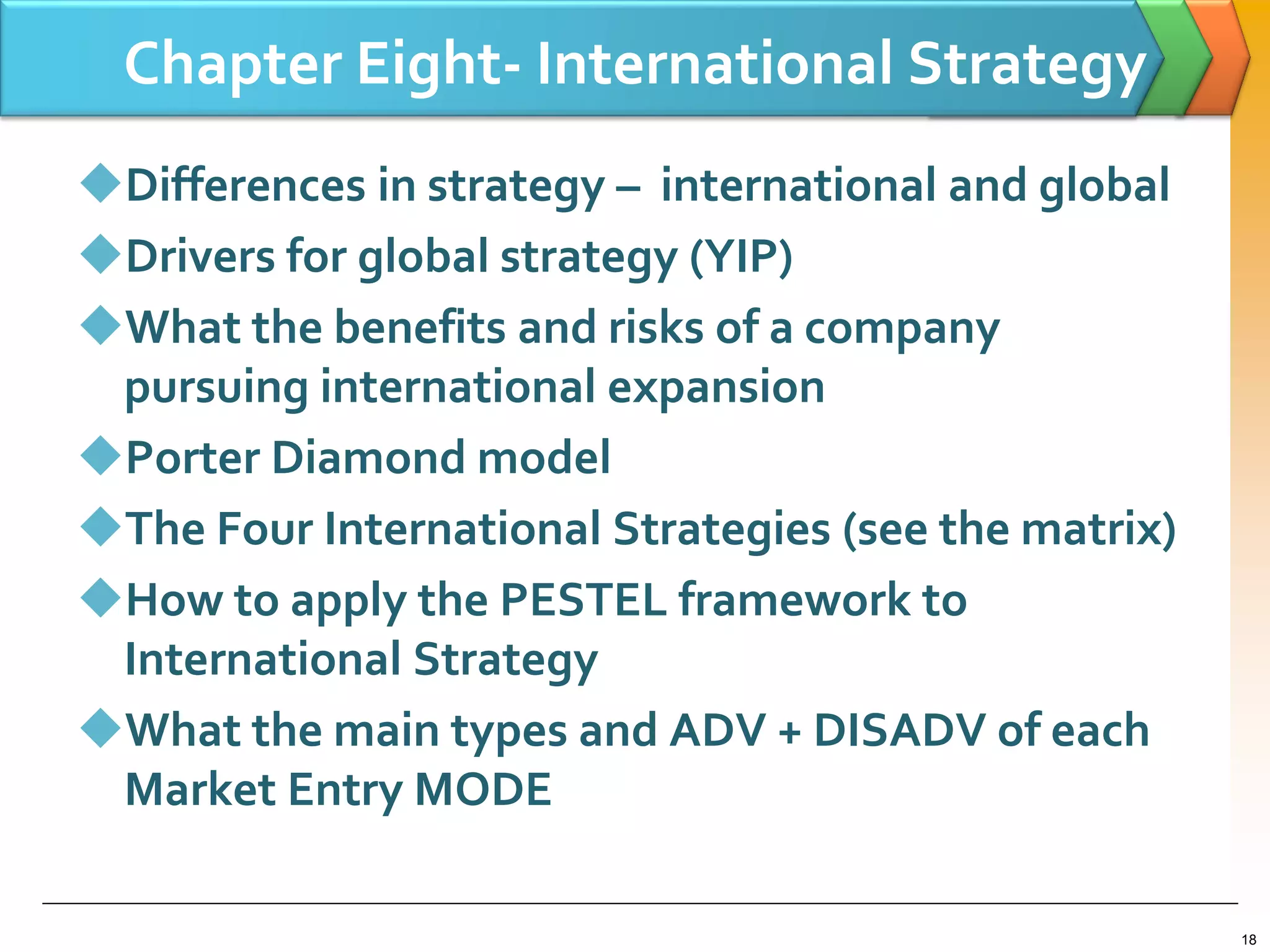 Chapter Eight- International Strategy
Differences in strategy – international and global
Drivers for global strategy (YIP)
What the benefits and risks of a company
pursuing international expansion
Porter Diamond model
The Four International Strategies (see the matrix)
How to apply the PESTEL framework to
International Strategy
What the main types and ADV + DISADV of each
Market Entry MODE
18
 