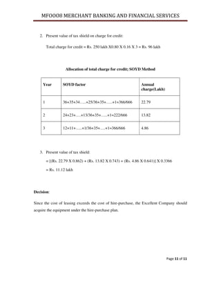 MFOOO8 MERCHANT BANKING AND FINANCIAL SERVICES
Page 11 of 11
2. Present value of tax shield on charge for credit:
Total charge for credit = Rs. 250 lakh X0.80 X 0.16 X 3 = Rs. 96 lakh
Allocation of total charge for credit; SOYD Method
Year SOYD factor Annual
charge(Lakh)
1 36+35+34…..+25/36+35+…..+1=366/666 22.79
2 24+23+….+13/36+35+…..+1=222/666 13.82
3 12+11+…..+1/36+35+….+1=366/666 4.86
3. Present value of tax shield:
= [(Rs. 22.79 X 0.862) + (Rs. 13.82 X 0.743) + (Rs. 4.86 X 0.641)] X 0.3366
= Rs. 11.12 lakh
Decision:
Since the cost of leasing exceeds the cost of hire-purchase, the Excellent Company should
acquire the equipment under the hire-purchase plan.
 