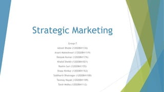 Strategic Marketing
Group-7
Advait Bhobe (12020841116)
Anant Maheshwari (12020841119)
Deepak Kumar (12020841176)
Khalid Sheikh (12020841021)
Rashin Suri (12020841155)
Shaaz Kinikar (12020841163)
Siddharth Bhatnagar (12020841100)
Tanmay Nayak (12020841109)
Tarsh Midha (12020841112)
 