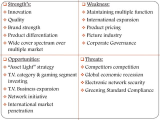  Strength’s:

 Weakness:

 Innovation

 Maintaining

 Quality
 Brand

strength
 Product differentiation
 Wide cover spectrum over
multiple market

multiple function
 International expansion
 Product pricing
 Picture industry
 Corporate Governance

 Opportunities:

 Threats:

 “Asset Light”

 Competitors competition

strategy
 T.V. category & gaming segment
investing
 T.V. Business expansion
 Network initiative
 International market
penetration

 Global economic recession

 Electronic network security
 Greening Standard Compliance

 