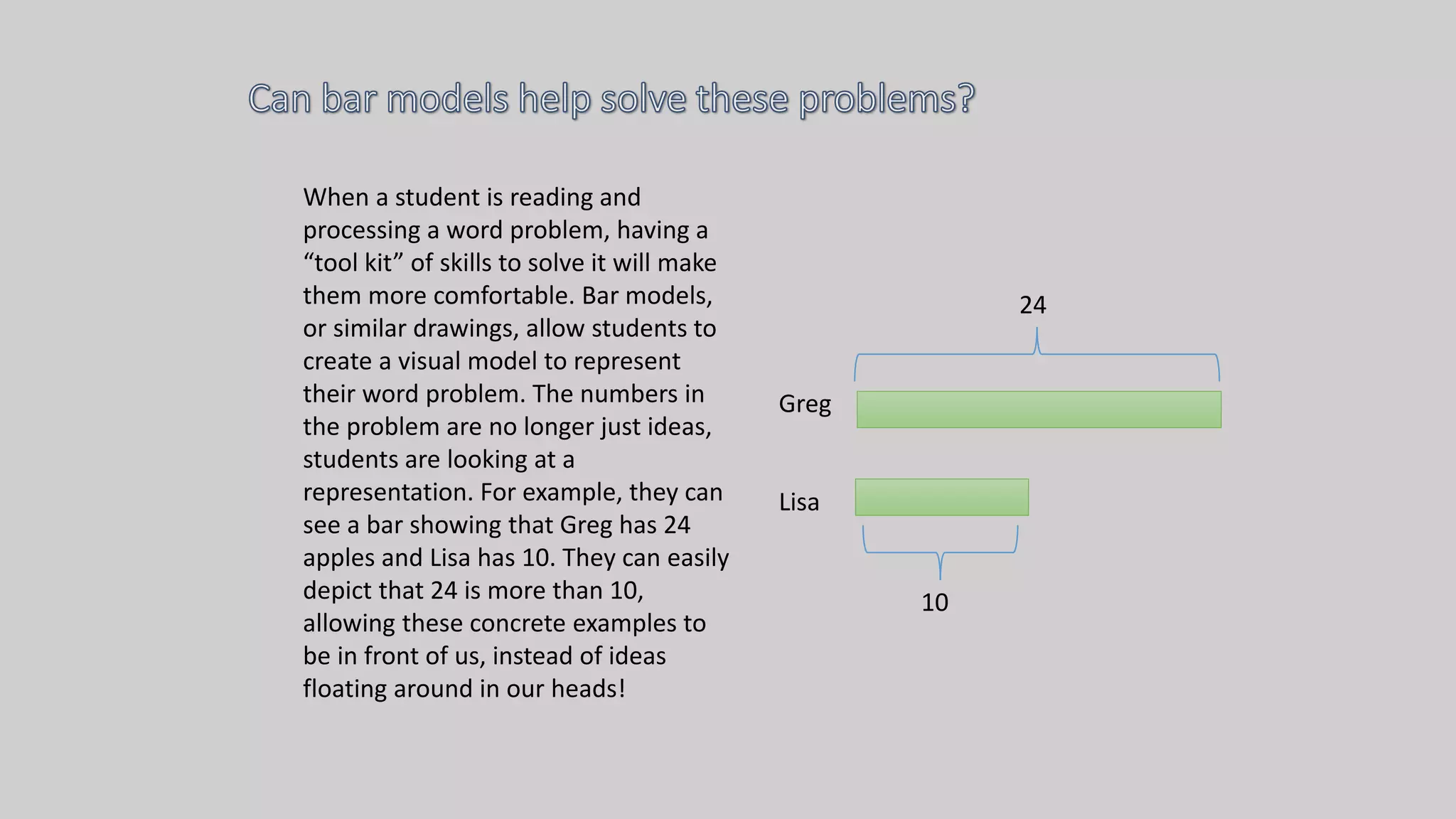 When a student is reading and
processing a word problem, having a
“tool kit” of skills to solve it will make
them more comfortable. Bar models,
or similar drawings, allow students to
create a visual model to represent
their word problem. The numbers in
the problem are no longer just ideas,
students are looking at a
representation. For example, they can
see a bar showing that Greg has 24
apples and Lisa has 10. They can easily
depict that 24 is more than 10,
allowing these concrete examples to
be in front of us, instead of ideas
floating around in our heads!
Greg
Lisa
24
10
 