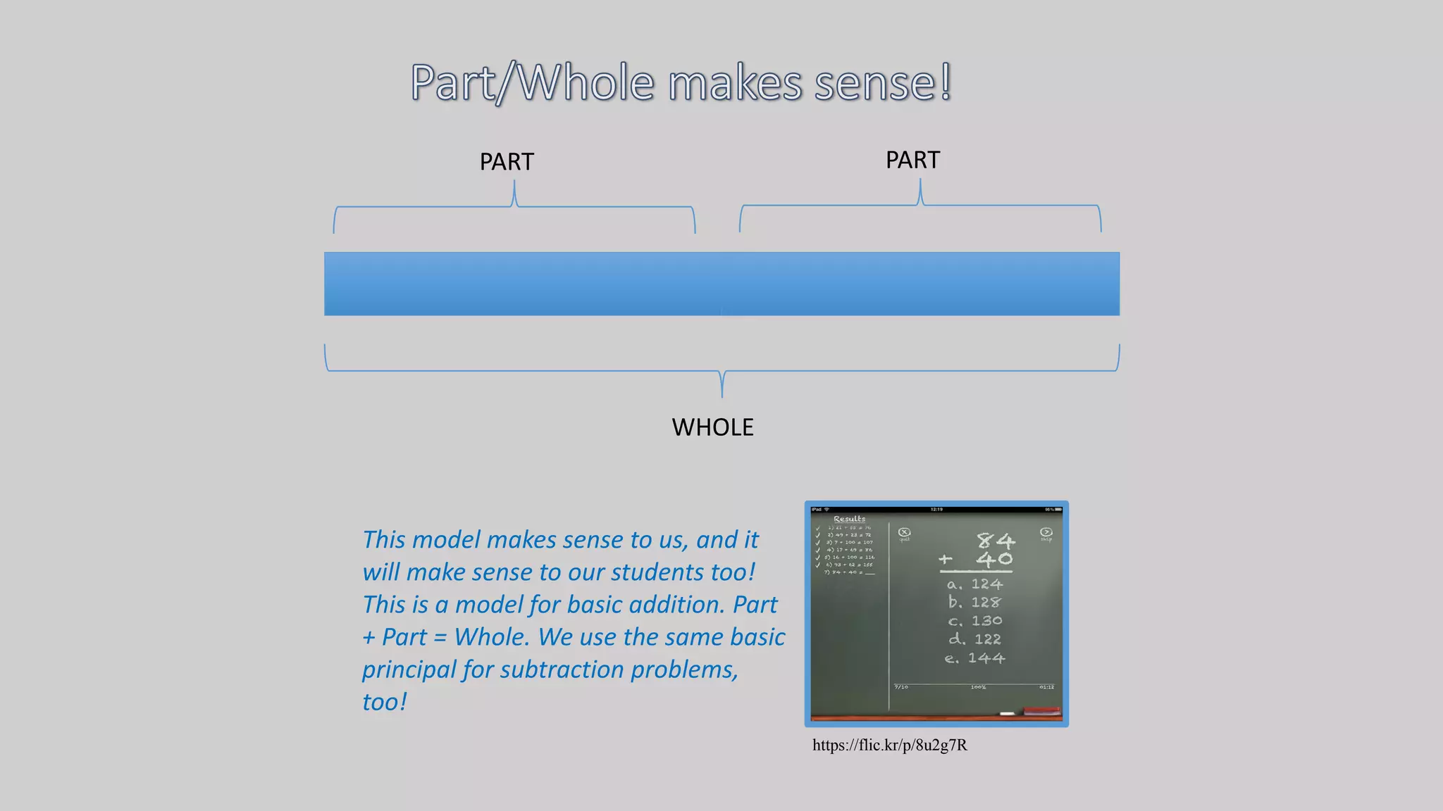 PART PART
WHOLE
This model makes sense to us, and it
will make sense to our students too!
This is a model for basic addition. Part
+ Part = Whole. We use the same basic
principal for subtraction problems,
too!
https://flic.kr/p/8u2g7R
 