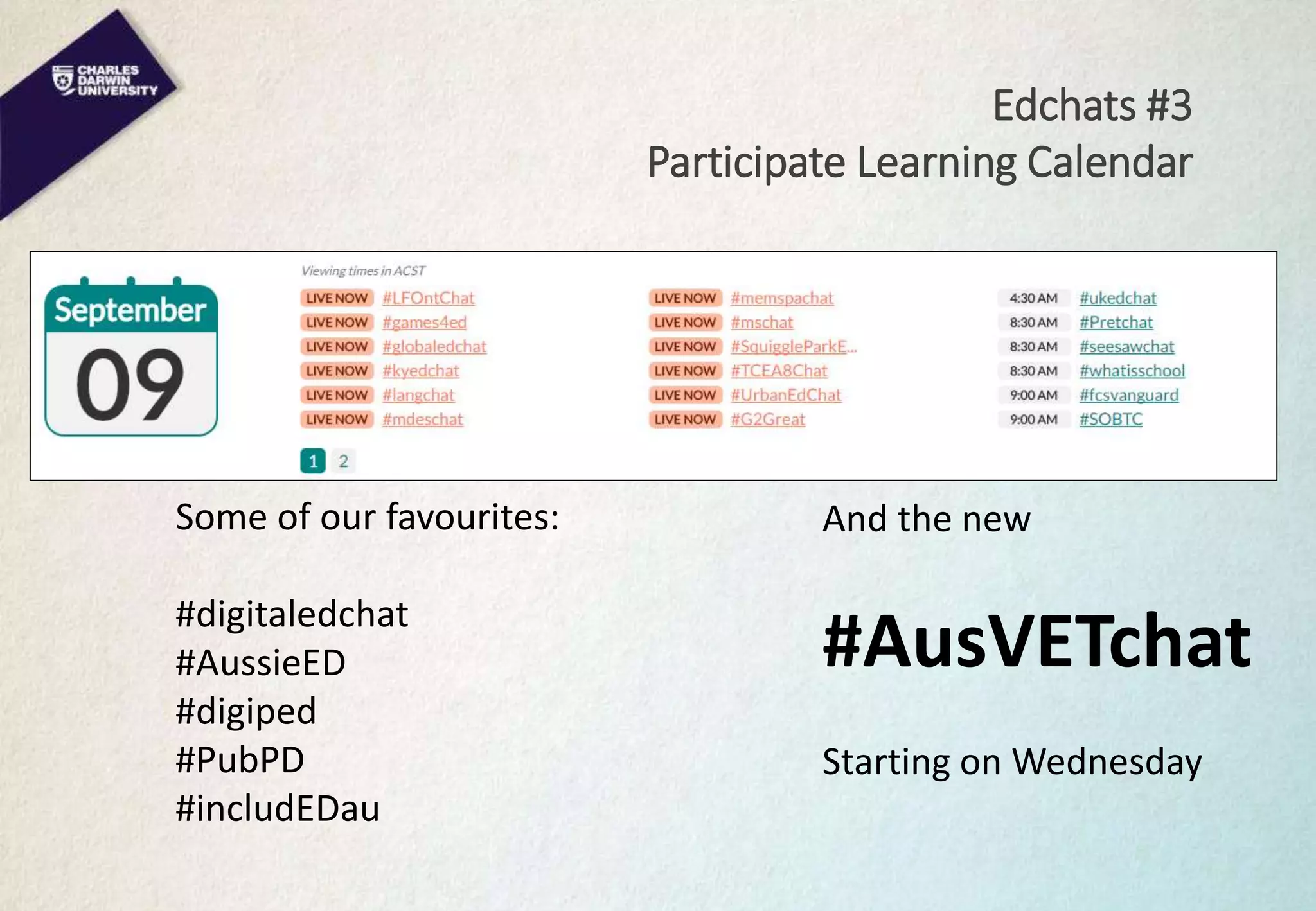Edchats #3
Participate Learning Calendar
Some of our favourites:
#digitaledchat
#AussieED
#digiped
#PubPD
#includEDau
And the new
#AusVETchat
Starting on Wednesday
 