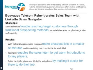 Bouygues Telecom Reinvigorates Sales Team with
LinkedIn Sales Navigator
Challenge:
Sales team had trouble reaching target customers through
traditional prospecting methods, especially because people change jobs
so frequently
Results:
 With Sales Navigator, sales reps can make prospect lists in a matter
of minutes and immediately reach out to the list via InMail.
 TeamLink enables the sales team to get warm introductions
to key players.
 Sales Navigator gives new life to the sales team by making it easier for
them to do their job.
12
Bouygues Telecom is one of the leading telecom operators in France,
with 13 million mobile customers. Bouygues offers mobile and fixed line
phone service and broadband data services for businesses.
 