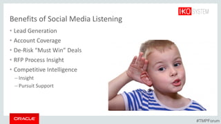 Benefits of Social Media Listening
• Lead Generation
• Account Coverage
• De-Risk “Must Win” Deals
• RFP Process Insight
• Competitive Intelligence
– Insight
– Pursuit Support
#TMPForum
 