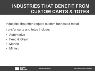 © 2015 Southern Metal Fabricatorssouthernmetalfab.com
INDUSTRIES THAT BENEFIT FROM
CUSTOM CARTS & TOTES
Industries that of...