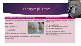 Etiologies plus rares
Autres; Maladies systémiques, de surcharge Arguments en faveur
• polyarthrite rhumatoïde (avec neutropénie: syndrome de Felty)
• sarcoïdose
• lupus systémique ‘
• maladie de Still
• Fièvre méditerranéenne familiale
• maladies lysosomales : maladie de Gaucher, maladie de
Niemann-Pick
• Facteur rhumatoïde, anti-peptides citrullinés
(Ac anti-CCP)
• Un contexte familial
un début des troubles dans l'enfance,
splénomégalie volumineuse
•Dosages enzymatiques : bêta-
glucocérébrosidase en cas de suspicion de
maladie de Gaucher ...
 