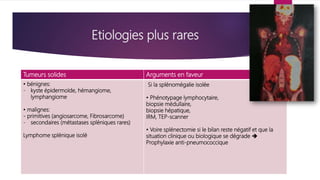Etiologies plus rares
Tumeurs solides Arguments en faveur
• bénignes:
- kyste épidermoïde, hémangiome,
lymphangiome
• malignes:
- primitives (angiosarcome, Fibrosarcome)
- secondaires (métastases spléniques rares)
Lymphome splénique isolé
Si la splénomégalie isolée
• Phénotypage lymphocytaire,
biopsie médullaire,
biopsie hépatique,
IRM, TEP-scanner
• Voire splénectomie si le bilan reste négatif et que la
situation clinique ou biologique se dégrade 
Prophylaxie anti-pneumococcique
 