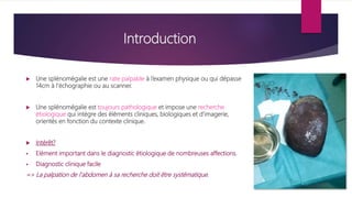 Introduction
 Une splénomégalie est une rate palpable à l’examen physique ou qui dépasse
14cm à l’échographie ou au scanner.
 Une splénomégalie est toujours pathologique et impose une recherche
étiologique qui intègre des éléments cliniques, biologiques et d’imagerie,
orientés en fonction du contexte clinique.
 Intérêt?
 Elément important dans le diagnostic étiologique de nombreuses affections.
 Diagnostic clinique facile
=> La palpation de l'abdomen à sa recherche doit être systématique.
 