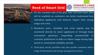 Students should able to
 On the customer side of the grid, near real-time meter data
will be available so customers can better understand how
individual appliances and behavior impact their energy
usage and costs.
 Broadcast price, reliability and event signals may be
monitored directly by smart appliances or through home
automation gateways, responding automatically to
customer preferences to defer or reduce usage during high-
priced or constrained reliability periods.
 Third-party service providers may also provide customers with a
range of information and energy management services.
Need of Smart Grid
 