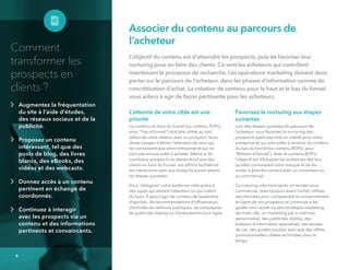 Associer du contenu au parcours de
l’acheteur
L’objectif du contenu est d’atteindre les prospects, puis de favoriser leur
nurturing pour en faire des clients. Ce sont les acheteurs qui contrôlent
maintenant le processus de recherche. Les opérations marketing doivent donc
porter sur le parcours de l’acheteur, dans les phases d'information comme de
concrétisation d'achat. La création de contenu pour le haut et le bas du funnel
vous aidera à agir de façon pertinente pour les acheteurs.
L'atteinte de votre cible est une
priorité
Le contenu du haut du funnel (ou contenu TOFU,
pour "Top of funnel") doit être utilisé au tout
début de votre relation avec un prospect. Vous
devez essayer d’attirer l’attention de ceux qui
ne connaissent pas votre entreprise et qui ne
sont pas encore prêts à acheter. Même si de
nombreux prospects ne deviendront pas des
clients en haut du funnel, vos efforts faciliteront
les interactions avec eux lorsqu’ils auront atteint
les étapes suivantes.
Vous “atteignez” votre audience cible grâce à
des sujets qui attirent l’attention ou qui créent
du buzz. Il peut s’agir de contenu de leadership
d’opinion, de recommandations d’inﬂuenceurs,
d’activités de relations publiques, de campagnes
de publicités display ou d’événements hors-ligne.
Favorisez le nurturing aux étapes
suivantes
Lors des étapes suivantes du parcours de
l’acheteur, vous favorisez le nurturing des
prospects ayant exprimé un intérêt pour votre
entreprise et qui sont prêts à recevoir du contenu
du bas du funnel (ou contenu BOFU, pour
"Bottom of funnel"). Avec le contenu BOFU,
l’objectif est d’éduquer les audiences dès lors
qu’elles connaissent votre marque et de les
inciter à prendre contact avec un consultant ou
un commercial.
Ce nuturing intervient après un rendez-vous
commercial, mais toujours avant l'achat. Utilisez
des données pour comprendre le comportement
en ligne de vos prospects et continuez à les
guider vers l'achat via des stratégies marketing
de mots-clés, un marketing par e-mail très
personnalisé, des publicités display, des
bulletins d’information spécialisés, des études
de cas, des guides produit, ainsi que des offres
promotionnelles ciblées et limitées dans le
temps.
Comment
transformer les
prospects en
clients ?
Augmentez la fréquentation
du site à l’aide d'études,
des réseaux sociaux et de la
publicité.
Proposez un contenu
intéressant, tel que des
posts de blog, des livres
blancs, des eBooks, des
vidéos et des webcasts.
Donnez accès à un contenu
pertinent en échange de
coordonnés.
Continuez à interagir
avec les prospects via un
contenu et des informations
pertinents et convaincants.
4
 