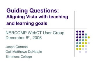 Guiding Questions:
Aligning Vista with teaching
and learning goals
NERCOMP WebCT User Group
December 6th
, 2006
Jason Gorman
Gail Matthews-DeNatale
Simmons College
 