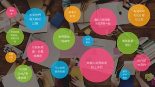 給內部
使用的
業務員要
用的
每個人使用都很
好上手的
我們要做
一個APP
以前有做
過，但是
很難用
希望他們
每天都可
以用
簡單又
好用
可以走到
哪用到哪
Android
和iOS 都
可以用
那個誰誰
誰有做，
我們也想
做
可以跟
Line/FB
連結嗎？
舊的介面很醜，
想改漂亮一點
客戶
資料
機密
壽險
業
就是
要快
手機
的好
了
 