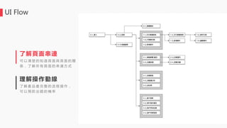 UI Flow
了 解 產 品 最 完 整 的 流 程 操 作 ，
可 以 預 防 出 錯 的 機 率
理解操作動線
可 以 清 楚 的 知 道 頁 面 與 頁 面 的 關
係 ， 了 解 所 有 頁 面 的 串 連 方 式
了解頁面串連
 