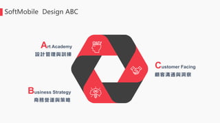 SoftMobile Design ABC
Art Academy
設計 管理與訓練
Business Strategy
商務營運與策略
Customer Facing
顧客溝通與洞察
 
