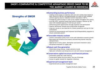 Together We Build a Better Future 28
Outstanding
performance
Experienced
management
team
Conservative
capital
structure and
financial
policies
Robust cash flow
generation
Outstanding
business
performance
Favorable
industry
outlook
 Outstanding business performance
– Leading cement player in Indonesia with over 43.% market share based on
sales volume for 4M-2013 and approximately 41% share of total installed
cement capacity (Source: Indonesia Cement Association (“ASI”))
– Strategically plants location is close to key markets throughout the country
– As of Dec 2012, acquired Thang Long Cement Company, Vietnam by 70%
share with installed capacity 2.3 mio tons per annum
– Substantial growth opportunities through expansion and optimization
– Superior distribution network and strong brands recognition
– Long-term access to raw materials for cement production and coal for fuel
consumption
– Concerns on environmental and Corporate Social Responsibility programs to
ensure sustainable growth.
 Favourable industry outlook
– Cement consumption pretty much in-line with Indonesian economic growth
– Real estate and infrastructure projects and declining interest rates key
demand drivers
– High barriers to entry (plant, distribution and brand investment costs)
– Disciplined investment on supply side
 Robust cash flow generation
– Historically strong revenue, margin and price trends
– High plant utilization and strong focus on cost and revenue management
 Conservative capital structure and financial policies
– [Investment grade-like credit metrics]
– Conservative capital structure policy; low use of leverage
– Access to capital markets for expansion initiatives
 Experienced management team
– Experienced and successful management team
Strengths of SMGR
SMGR’s COMPARATIVE & COMPETITIVE ADVANTAGE DRIVES SMGR TO BE
THE MARKET LEADER IN INDONESIA
 