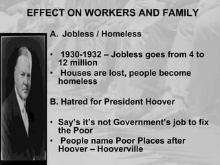 EFFECT ON WORKERS AND FAMILY
A. Jobless / Homeless

• 1930-1932 – Jobless goes from 4 to
12 million
• Houses are lost, people become
homeless
B. Hatred for President Hoover
• Say’s it’s not Government’s job to fix
the Poor
• People name Poor Places after
Hoover – Hooverville

 