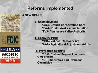 Reforms Implemented
A NEW DEAL!!!
a. Unemployment
*CCC- Civilian Conservation Corp
*PWA- Public Works Administration
*TVA- Tennessee Valley Authority
b. Recovery Plans
*NRA- National Recovery Act
*AAA- Agricultural Adjustment Admin.
c. Prevention Reforms
*FDIC- Federal Deposit Insurance
Corporation
*SEC- Securities and Exchange
Commision

 