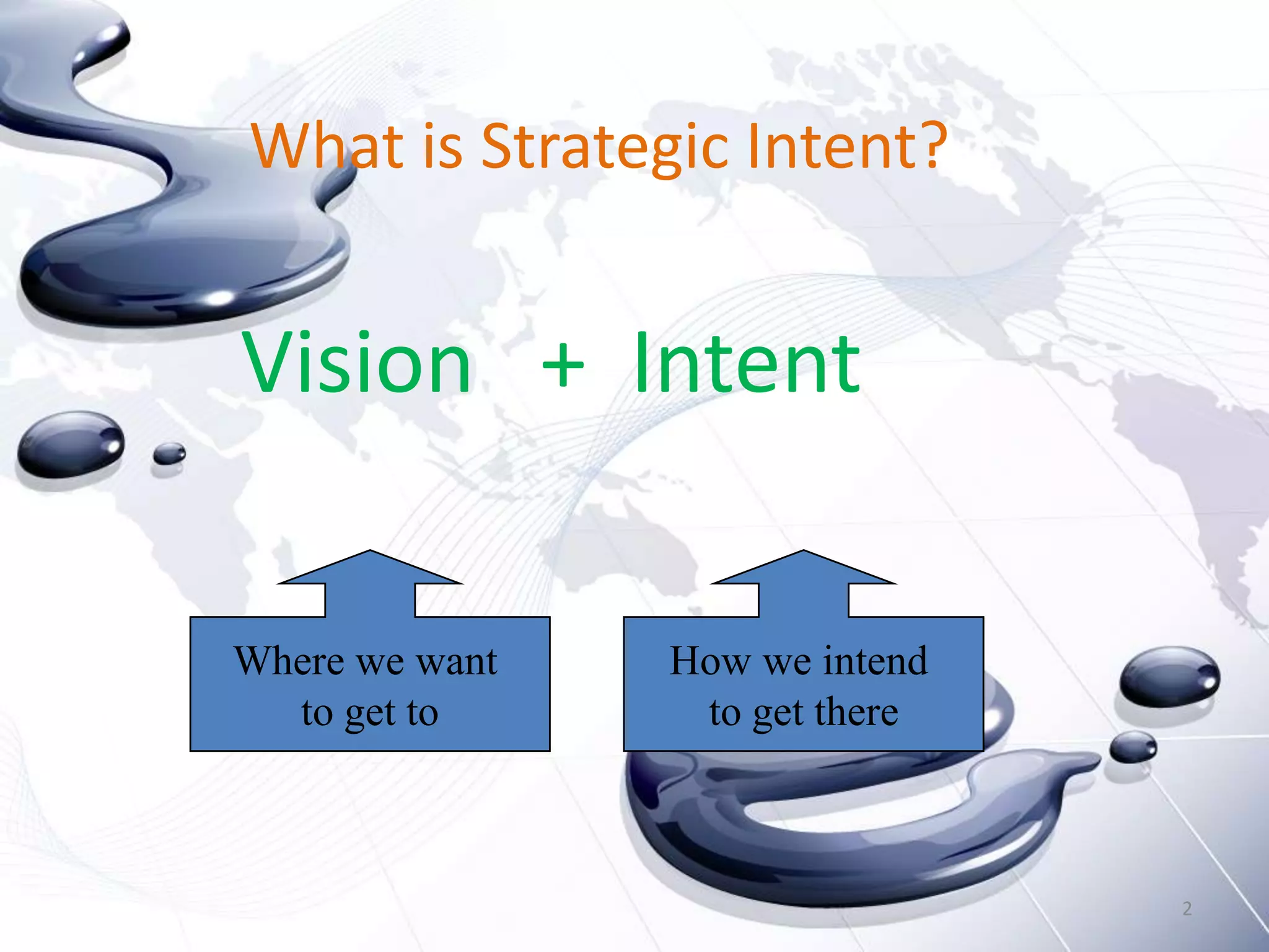 What is Strategic Intent?


Vision + Intent

Where we want   How we intend
  to get to      to get there



                                2
 