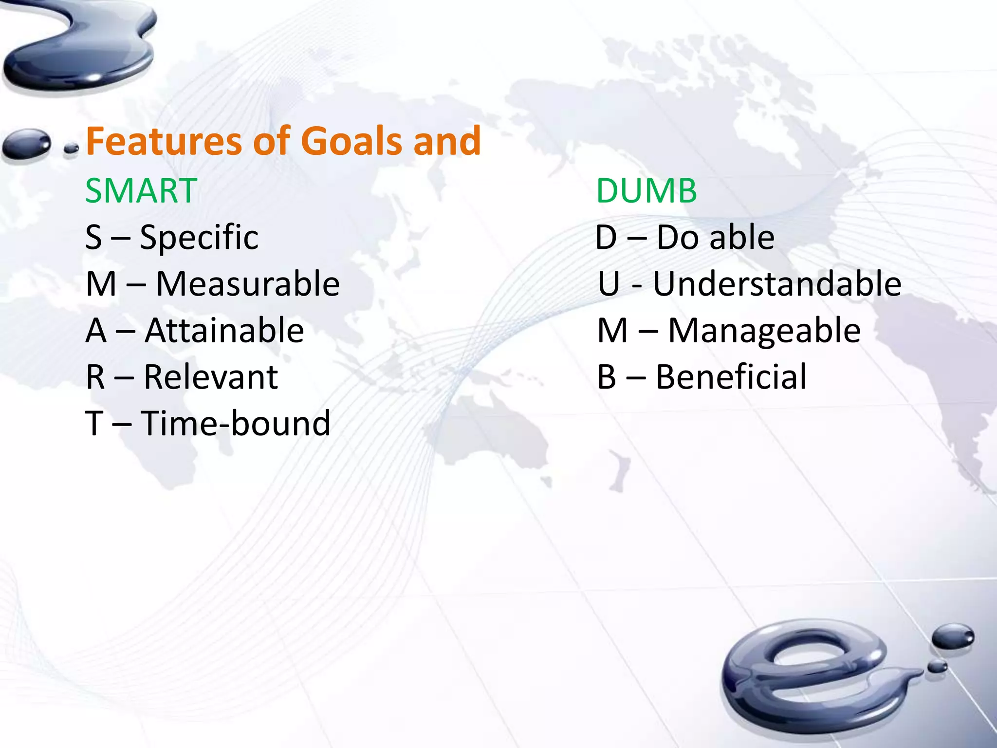 Features of Goals and
SMART                   DUMB
S – Specific            D – Do able
M – Measurable          U - Understandable
A – Attainable          M – Manageable
R – Relevant            B – Beneficial
T – Time-bound
 