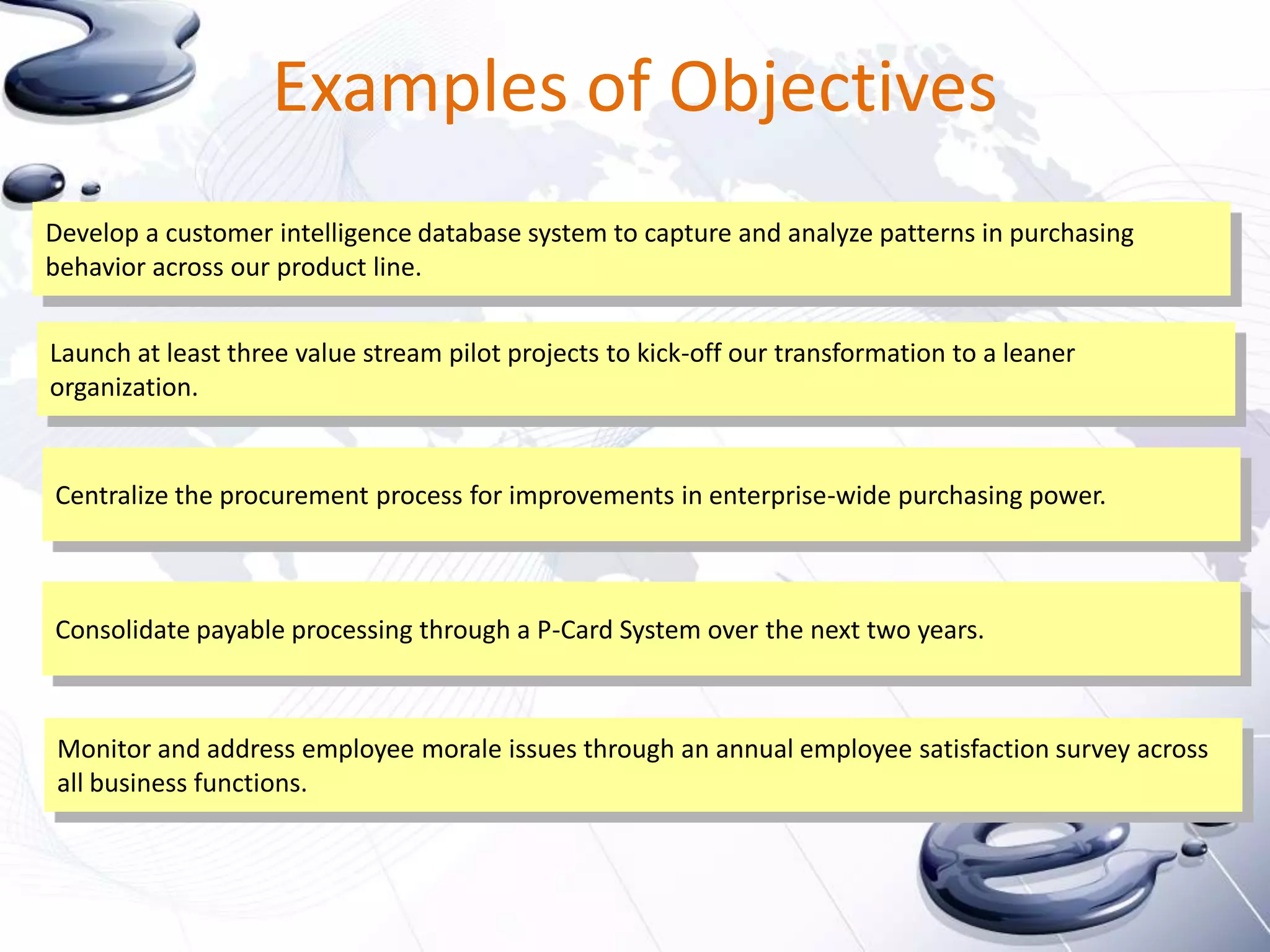 Examples of Objectives
Develop a customer intelligence database system to capture and analyze patterns in purchasing
behavior across our product line.


Launch at least three value stream pilot projects to kick-off our transformation to a leaner
organization.


Centralize the procurement process for improvements in enterprise-wide purchasing power.



Consolidate payable processing through a P-Card System over the next two years.



Monitor and address employee morale issues through an annual employee satisfaction survey across
all business functions.
 