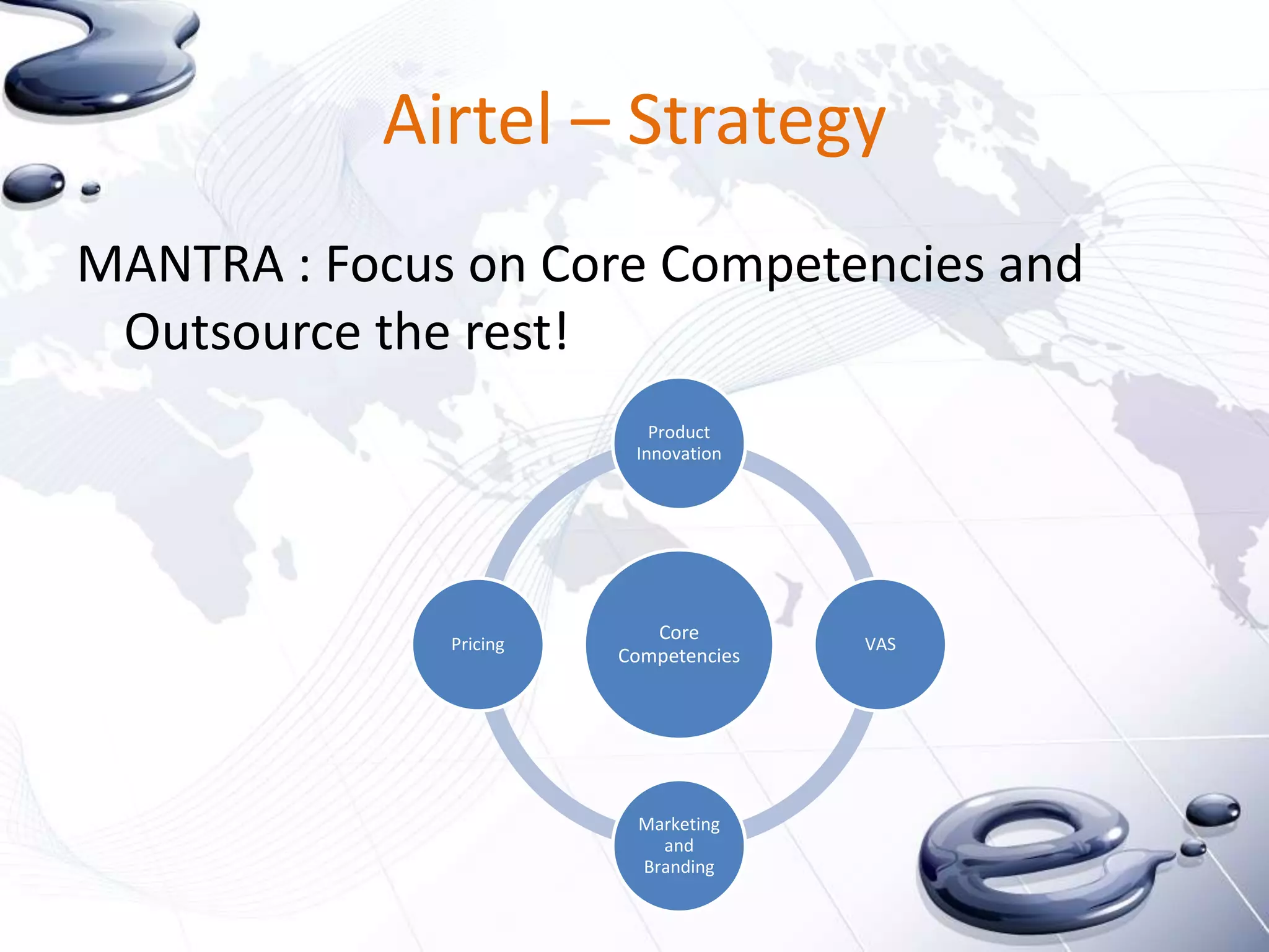Airtel – Strategy
MANTRA : Focus on Core Competencies and
 Outsource the rest!
                           Product
                         Innovation




                           Core
              Pricing                  VAS
                        Competencies




                         Marketing
                           and
                         Branding
 