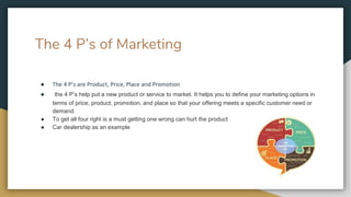 The 4 P’s of Marketing
● The 4 P’s are Product, Price, Place and Promotion
● the 4 P’s help put a new product or service to market. It helps you to define your marketing options in
terms of price, product, promotion, and place so that your offering meets a specific customer need or
demand.
● To get all four right is a must getting one wrong can hurt the product
● Car dealership as an example
 