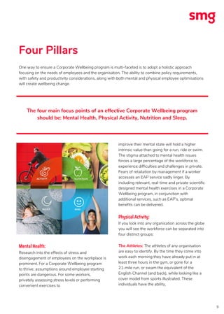 Four Pillars
9
One way to ensure a Corporate Wellbeing program is multi-faceted is to adopt a holistic approach
focusing on the needs of employees and the organisation. The ability to combine policy requirements,
with safety and productivity considerations, along with both mental and physical employee optimisations
will create wellbeing change.
Mental Health:
Research into the effects of stress and
disengagement of employees on the workplace is
prominent. For a Corporate Wellbeing program
to thrive, assumptions around employee starting
points are dangerous. For some workers,
privately assessing stress levels or performing
convenient exercises to
improve their mental state will hold a higher
intrinsic value than going for a run, ride or swim.
The stigma attached to mental health issues
forces a large percentage of the workforce to
experience difficulties and challenges in private.
Fears of retaliation by management if a worker
accesses an EAP service sadly linger. By
including relevant, real-time and private scientific
designed mental health exercises in a Corporate
Wellbeing program, in conjunction with
additional services, such as EAP’s, optimal
benefits can be delivered.
Physical Activity:
If you look into any organisation across the globe
you will see the workforce can be separated into
four distinct groups:
The Athletes: The athletes of any organisation
are easy to identify. By the time they come into
work each morning they have already put in at
least three hours in the gym, or gone for a
21-mile run, or swam the equivalent of the
English Channel (and back), while looking like a
cover model from sports illustrated. These
individuals have the ability,
The four main focus points of an effective Corporate Wellbeing program
should be: Mental Health, Physical Activity, Nutrition and Sleep.
 