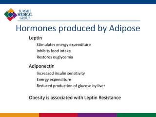 Hormones produced by Adipose
  Leptin
     Stimulates energy expenditure
     Inhibits food intake
     Restores euglycemia

  Adiponectin
     Increased insulin sensitivity
     Energy expenditure
     Reduced production of glucose by liver

  Obesity is associated with Leptin Resistance
 
