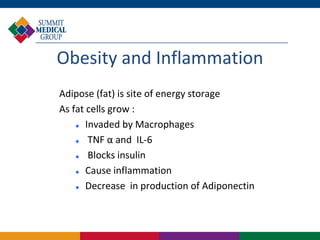 Obesity and Inflammation
Adipose (fat) is site of energy storage
As fat cells grow :
      Invaded by Macrophages
       TNF α and IL-6
       Blocks insulin
      Cause inflammation
      Decrease in production of Adiponectin
 