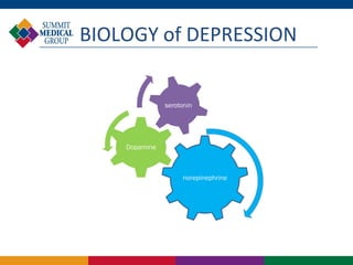 BIOLOGY of DEPRESSION


               serotonin




    Dopamine



                    norepinephrine
 