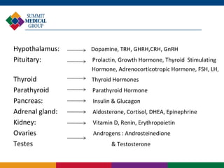 Hypothalamus:    Dopamine, TRH, GHRH,CRH, GnRH
Pituitary:       Prolactin, Growth Hormone, Thyroid Stimulating
                 Hormone, Adrenocorticotropic Hormone, FSH, LH,
Thyroid          Thyroid Hormones
Parathyroid      Parathyroid Hormone
Pancreas:        Insulin & Glucagon
Adrenal gland:   Aldosterone, Cortisol, DHEA, Epinephrine
Kidney:          Vitamin D, Renin, Erythropoietin
Ovaries          Androgens : Androsteinedione
Testes                  & Testosterone
 