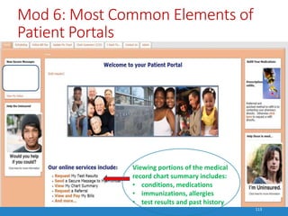 Mod 6: Most Common Elements of
Patient Portals
113
Viewing portions of the medical
record chart summary includes:
• condit...