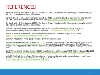 REFERENCES
Berthold, Miller & Avila-Esparza. (2009). The Role of CHWs. Foundations for Community Health Workers (1st
ed). ...