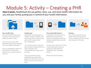 Module 5: Activity – Creating a PHR
94
How it works. HealthVault lets you gather, store, use, and share health information...