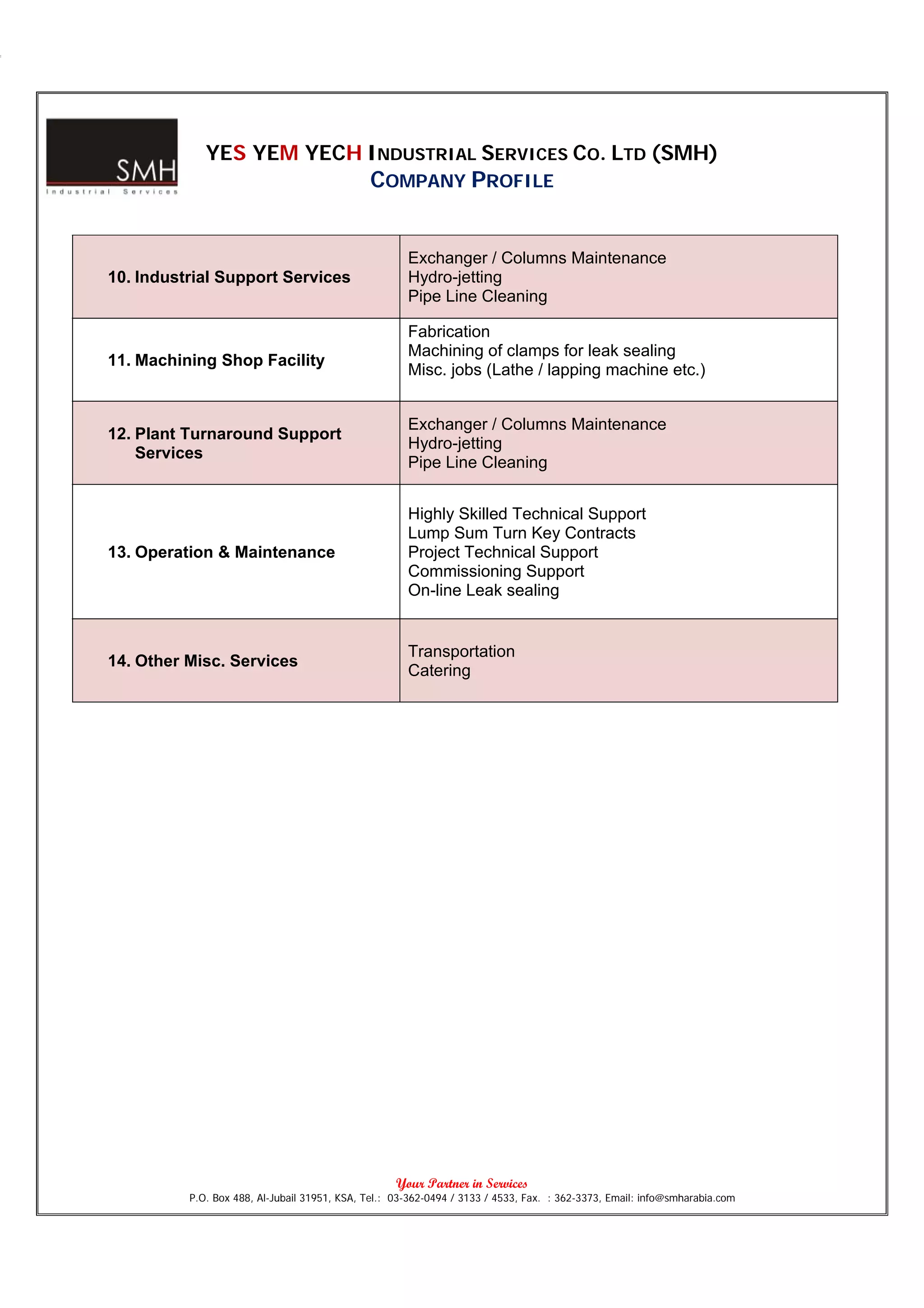 YES YEM YECH INDUSTRIAL SERVICES CO. LTD (SMH)
                                              COMPANY PROFILE


                                                      Exchanger / Columns Maintenance
10. Industrial Support Services                       Hydro-jetting
                                                      Pipe Line Cleaning

                                                      Fabrication
                                                      Machining of clamps for leak sealing
11. Machining Shop Facility
                                                      Misc. jobs (Lathe / lapping machine etc.)


                                                      Exchanger / Columns Maintenance
12. Plant Turnaround Support
                                                      Hydro-jetting
    Services
                                                      Pipe Line Cleaning


                                                      Highly Skilled Technical Support
                                                      Lump Sum Turn Key Contracts
13. Operation & Maintenance                           Project Technical Support
                                                      Commissioning Support
                                                      On-line Leak sealing


                                                      Transportation
14. Other Misc. Services
                                                      Catering




                                                    Your Partner in Services
          P.O. Box 488, Al-Jubail 31951, KSA, Tel.: 03-362-0494 / 3133 / 4533, Fax. : 362-3373, Email: info@smharabia.com
 