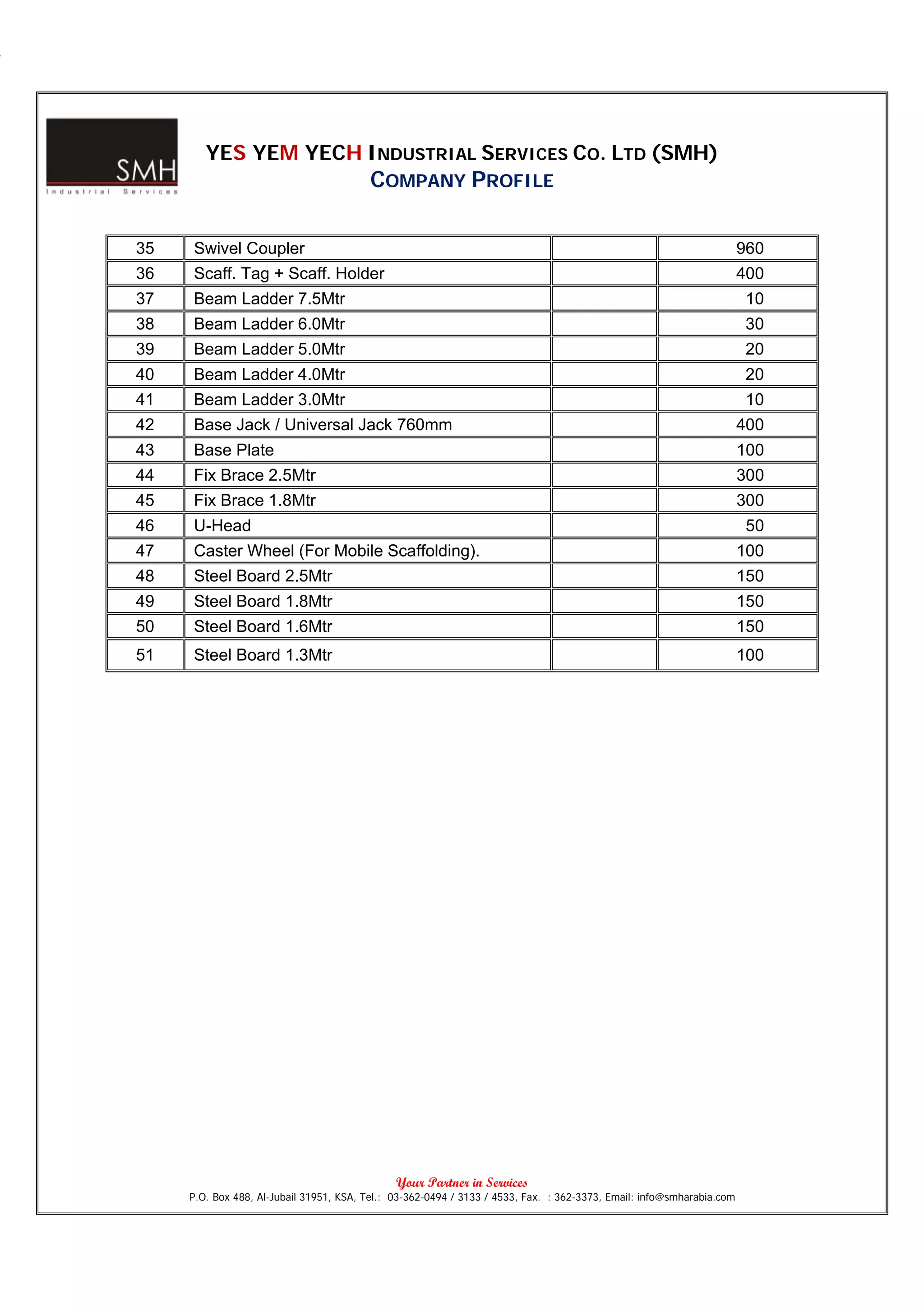 YES YEM YECH INDUSTRIAL SERVICES CO. LTD (SMH)
                                         COMPANY PROFILE

35   Swivel Coupler                                                                                                    960
36   Scaff. Tag + Scaff. Holder                                                                                        400
37   Beam Ladder 7.5Mtr                                                                                                10
38   Beam Ladder 6.0Mtr                                                                                                30
39   Beam Ladder 5.0Mtr                                                                                                20
40   Beam Ladder 4.0Mtr                                                                                                20
41   Beam Ladder 3.0Mtr                                                                                                10
42   Base Jack / Universal Jack 760mm                                                                                  400
43   Base Plate                                                                                                        100
44   Fix Brace 2.5Mtr                                                                                                  300
45   Fix Brace 1.8Mtr                                                                                                  300
46   U-Head                                                                                                             50
47   Caster Wheel (For Mobile Scaffolding).                                                                            100
48   Steel Board 2.5Mtr                                                                                                150
49   Steel Board 1.8Mtr                                                                                                150
50   Steel Board 1.6Mtr                                                                                                150
51   Steel Board 1.3Mtr                                                                                                100




                                               Your Partner in Services
     P.O. Box 488, Al-Jubail 31951, KSA, Tel.: 03-362-0494 / 3133 / 4533, Fax. : 362-3373, Email: info@smharabia.com
 