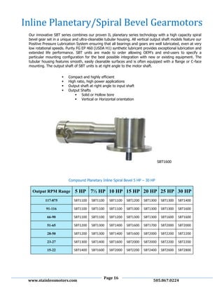 Page 16
www.stainlessmotors.com 505.867.0224
Our innovative SBT series combines our proven IL planetary series technology with a high capacity spiral
bevel gear set in a unique and ultra-cleanable tubular housing. All vertical output shaft models feature our
Positive Pressure Lubrication System ensuring that all bearings and gears are well lubricated, even at very
low rotational speeds. Purity FG EP 460 (USDA H1) synthetic lubricant provides exceptional lubrication and
extended life performance. SBT units are made to order allowing OEM’s and end-users to specify a
particular mounting configuration for the best possible integration with new or existing equipment. The
tubular housing features smooth, easily cleanable surfaces and is often equipped with a flange or C-face
mounting. The output shaft of SBT units is at right angle to the motor shaft.
 Compact and highly efficient
 High ratio, high power applications
 Output shaft at right angle to input shaft
 Output Shafts
 Solid or Hollow bore
 Vertical or Horizontal orientation
SBT1600
Compound Planetary Inline Spiral Bevel 5 HP – 30 HP
Output RPM Range 5 HP 7½ HP 10 HP 15 HP 20 HP 25 HP 30 HP
117-875 SBT1100 SBT1100 SBT1100 SBT1200 SBT1300 SBT1300 SBT1400
91-116 SBT1100 SBT1100 SBT1100 SBT1300 SBT1300 SBT1300 SBT1600
66-90 SBT1100 SBT1100 SBT1200 SBT1300 SBT1300 SBT1600 SBT1600
51-65 SBT1200 SBT1300 SBT1400 SBT1600 SBT1700 SBT2000 SBT2000
28-50 SBT1200 SBT1300 SBT1400 SBT1600 SBT2000 SBT2200 SBT2200
23-27 SBT1300 SBT1400 SBT1600 SBT2000 SBT2000 SBT2200 SBT2200
15-22 SBT1400 SBT1600 SBT2000 SBT2200 SBT2400 SBT2600 SBT2800
Inline Planetary/Spiral Bevel Gearmotors
 