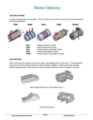 Page 6
www.stainlessmotors.com 505.867.0224
Motor Options
COOLING OPTIONS
A variety of cooling options are available. TEFC and TENV are the most common for pharmaceutical and food
processing applications.
TEFC TENV TELC TEBC TECAC
TEFC Totally Enclosed Fan Cooled
TENV Totally Enclosed Non-Vented
TELC Totally Enclosed Liquid Water Cooled
TEBC Totally Enclosed Blower Cooled
TECAC Totally Enclosed Compressed Air Cooled
FOOT OPTIONS
When a foot mount is necessary, we offer two styles – blind tapped and thru hole mount. The blind tapped
foot mount is the most sanitary and easy to clean foot option available. It allows crevice free mounting
without exposed hardware. Both styles are sanitary stainless steel and are fully TIG welded to the body.
Blind Tapped Foot Mount – Most Sanitary Choice
Thru Hole Foot Mount
 