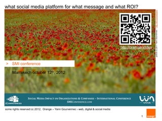 what social media platform for what message and what ROI?




                                                                                                               picture cc 2011 Yann Gourvennec – http://bit.ly/picasayann
                                                                                       http://oran.ge/slides



> SMI conference

     Marrakech october 12th, 2012




some rights reserved cc 2012, Orange – Yann Gourvennec - web, digital & social media

                                                                                                    1
 