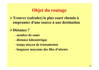Objet du routage
Trouver (calculer) le plus court chemin à
emprunter d'une source à une destination

Distance ?
–   nombre de sauts
–   distance kilométrique
–   temps moyen de transmission
–   longueur moyenne des files d'attente



                                            14
 