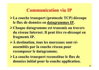 Communication via IP
La couche transport (protocole TCP) découpe
le flux de données en datagrammes IP.
Chaque datagramme est transmis au travers
du réseau Internet. Il peut être re-découpé en
fragments IP.
À destination, tous les morceaux sont ré-
assemblés par la couche réseau pour
recomposer le datagramme.
La couche transport reconstitue le flux de
données initial pour la couche application.
                                                 22
 