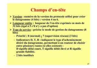 Champs d’en-tête
Version : numéro de la version du protocole utilisé pour créer
le datagramme (4 bits) : version 4 ou 6.
Longueur entête : longueur de l’en-tête exprimée en mots de
32 bits (égal à 5 s’il n’y a pas d'option)
Type de service : précise le mode de gestion du datagramme (8
bits)
 – Priorité : 0 (normal) 7 (supervision réseau) (3 bits)
 – Indicateurs D, T, R : indiquent le type d'acheminement
    désiré du datagramme, permettant à un routeur de choisir
    entre plusieurs routes (si elles existent) :
    D signifie délai court, T signifie débit élevé et R signifie
    grande fiabilité.
 – 2 bits inutilisés


                                                                   27
 