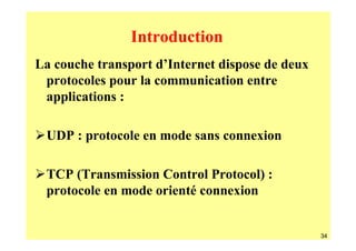 Introduction
La couche transport d’Internet dispose de deux
 protocoles pour la communication entre
 applications :

 UDP : protocole en mode sans connexion

 TCP (Transmission Control Protocol) :
 protocole en mode orienté connexion


                                                 34
 