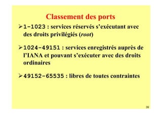 Classement des ports
1-1023 : services réservés s’exécutant avec
des droits privilégiés (root)

1024-49151 : services enregistrés auprès de
l’IANA et pouvant s’exécuter avec des droits
ordinaires

49152-65535 : libres de toutes contraintes



                                               39
 